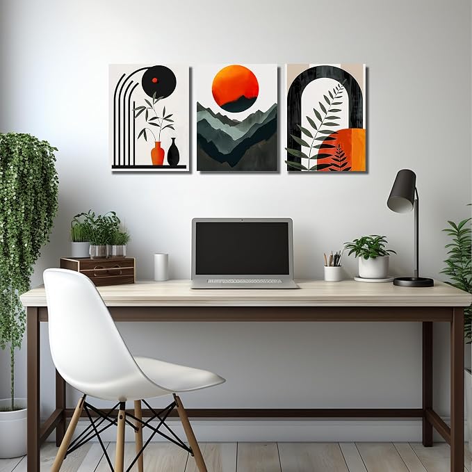 DNIEOTU Boho Wall Art for Living Room, Bohemian Canvas Wall-Decor for Bedroom, Mountian Moon and Geometric Shapes Picture Prints, Size 12 x 16 Inches 3-Pieces