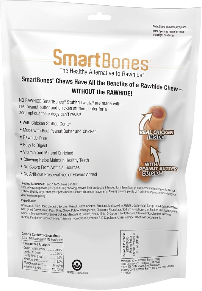 SmartBones Stuffed Twistz Rawhide-Free Dog Treats, Peanut Butter, 6 Count | With Real Peanut Butter & Chicken, Easy To Digest Chew, No Artificial Preservatives or Flavors, For Adult Dogs