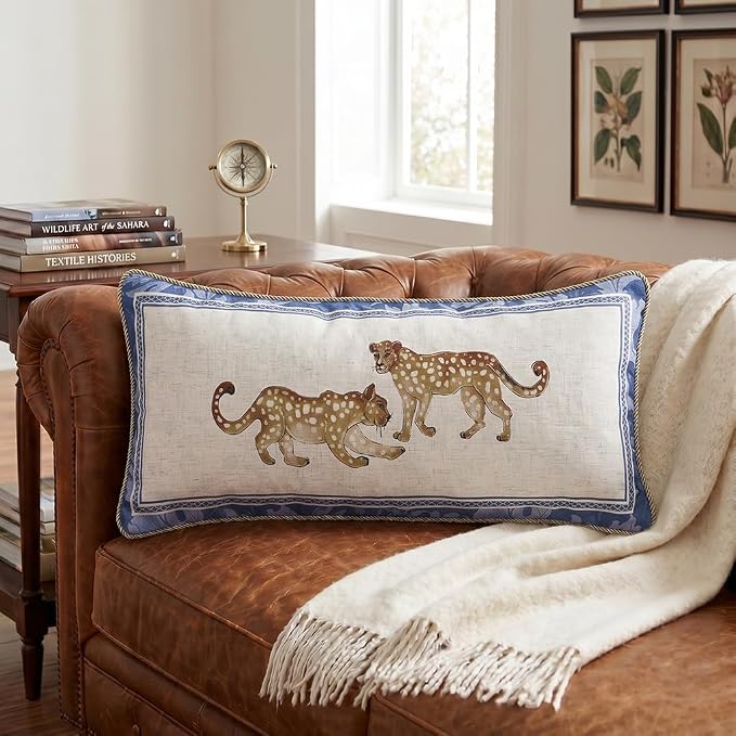 patdrea Designer French Vintage Linen Throw Pillow Cover,12"x28"-Fromm E | Elegant Decorative Pillow Case with Zipper,Leopard Pattern,Pillow Cover for Couch Living Room Bedroom Sofa