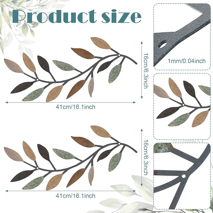Zhengmy 2 Pcs Metal Leaf Wall Art Vine Branch Decor,Classic Color | Olive Branch Metal Decor for Living Room Hallway, Symmetrical Leaf Pair for Doorway Entryway, Lightweight Hanging Art Design
