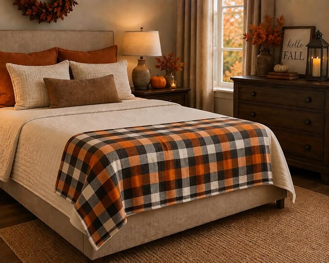 Fall Soft Fleece Throw Blanket, Orange Black White Plaid, 50x70 Oversized | Warm Cozy Fabric , Farmhouse Harvest Colors, For Living Room Sofa Couch Bed Chair Dorm Outdoors, Seasonal Gift or Home Décor