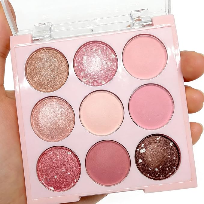9 Colors Shimmer Eyeshadow Makeup Palette, Matte Nude Neutral Eye Shadow Palettes, Highly Pigmented Long Lasting Waterproof Blendable, sombras para ojos Pink Golden Brown Eye Glitter