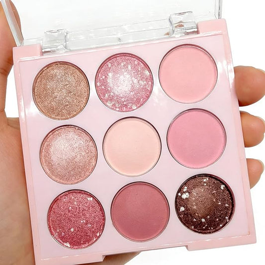 9 Colors Shimmer Eyeshadow Makeup Palette, Matte Nude Neutral Eye Shadow Palettes, Highly Pigmented Long Lasting Waterproof Blendable, sombras para ojos Pink Golden Brown Eye Glitter
