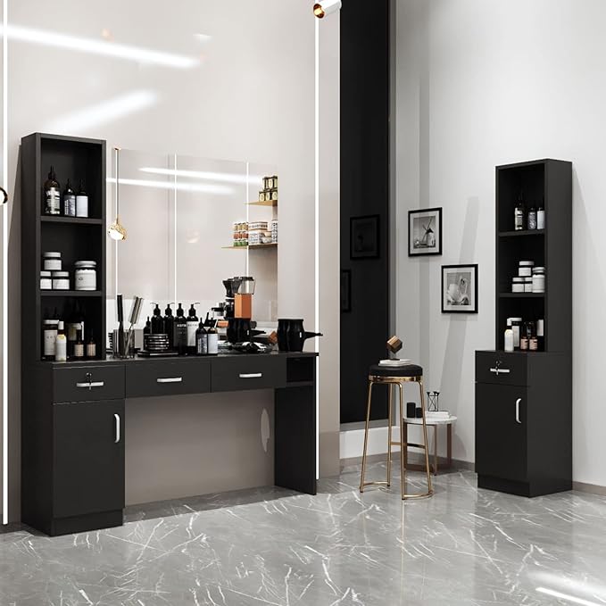 Paddie Wall Mount Barber Salon Stations for Hair Stylist, Hair Stylist Salon Equipment Set Beauty Spa Furniture with Shelves/Lockable Drawers/Storage Cabinet (Black3)