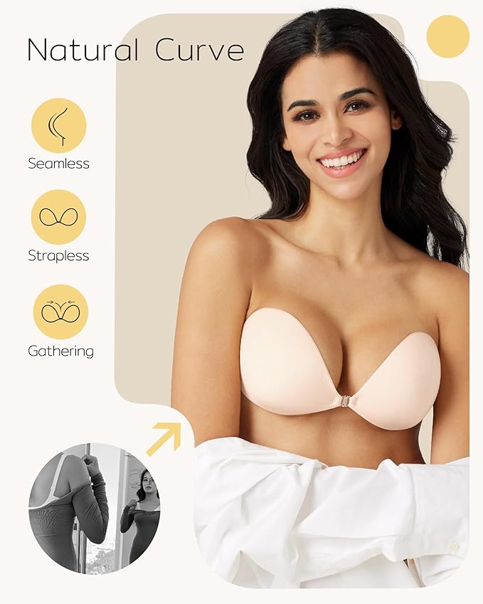Niidor Adhesive Bra Strapless Sticky Invisible Push up Silicone Bra for Backless Dress with Reusable Nipple Covers