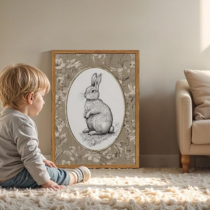 Framed Vintage Rabbit Wall Art, Cute Easter Bunny Pictures Wall Decor, Rustic Farmhouse Animal Paintings Canvas Prints Cottagecore Home Decor for Nursery Living Room Bedroom 16x24 inch