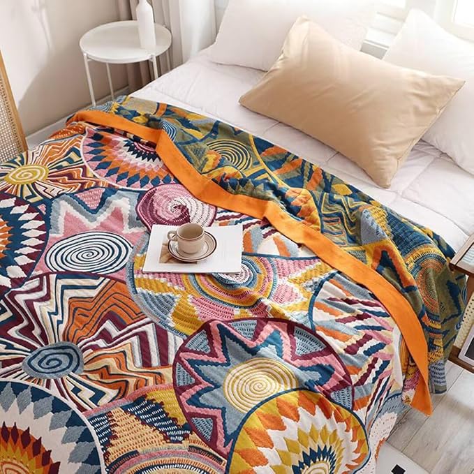 Boho Throw Blanket for Bed 100% Cotton Bohemian Blankets Ultra Soft Woven Muslin Decorative Blankets All Seasons Vintage Quilt Knitted Blanket for Sofa Chair (Colorful, 50"x60")