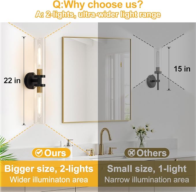 Indoi Black and Gold Wall Sconce, Hardwired Bathroom Sconces Wall Lighting with Clear Glass, Modern Sconces Wall Light fixtures for Bathroom Mirror Living Room Hallway Bedroom
