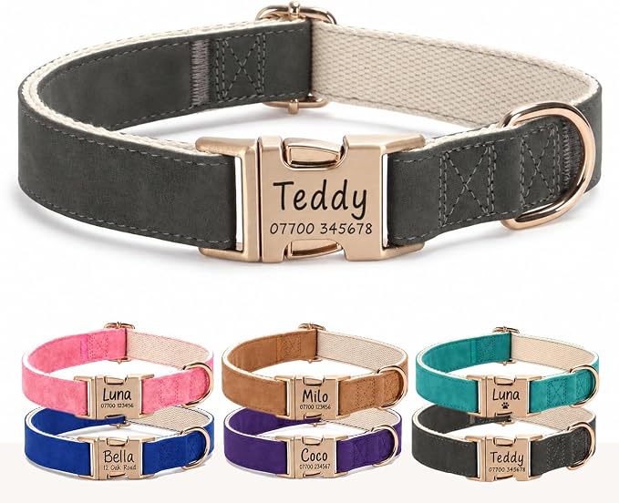 Engraved Buckle Dog Collar, Personalized PU Leather Collar with Name and Phone Number, Soft Breathable Lined Adjustable Pet ID Collar for Puppies Small Medium Large Dogs, Custom Dog Collar