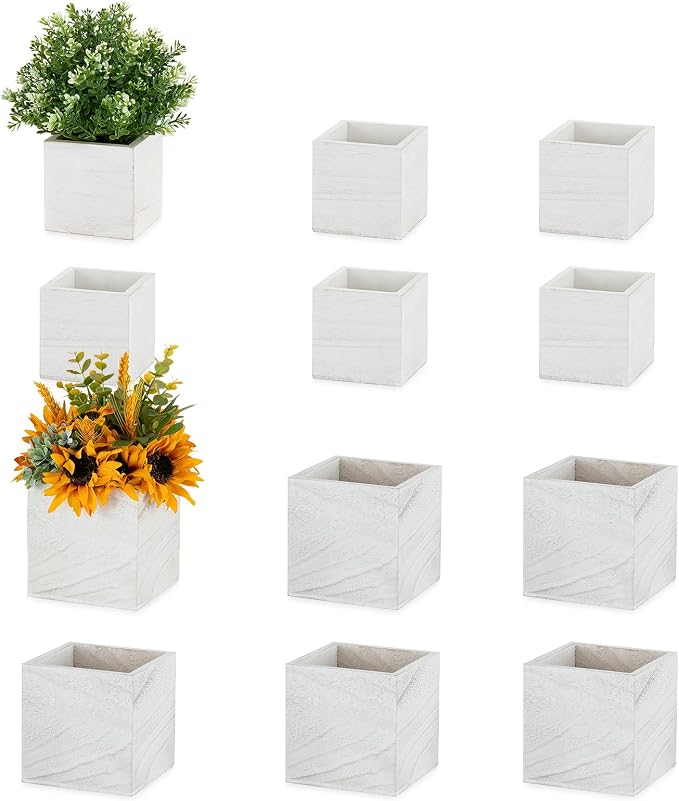 NUPTIO Small Wooden Box for Centerpiece, Whitewashed, Square, 4"/5", 12 Pcs | Farmhouse Wood Vases Planter, for Fall Decor, Windowsill, Home, Garden