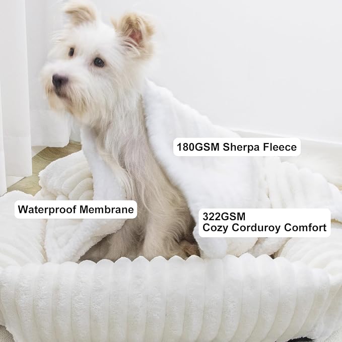 Waterproof Dog Blanket Cream 35x25 in | Soft Pet Cat Blanket Cozy Calming Sherpa Corduroy Fleece Reversible Furniture Bed Protector for Small Dogs Machine Washable