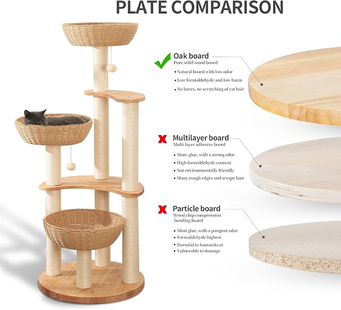 SHODMI 54" Modern Cat Tree Tower for Indoor Cats, Large & Multi-Cat Homes | Wood Cat Tree, 3 Handwoven Basket Beds, Stable Wide Round Wood Base, 8 cm Thick Sisal Scratching Posts, Plush & Cool Mats