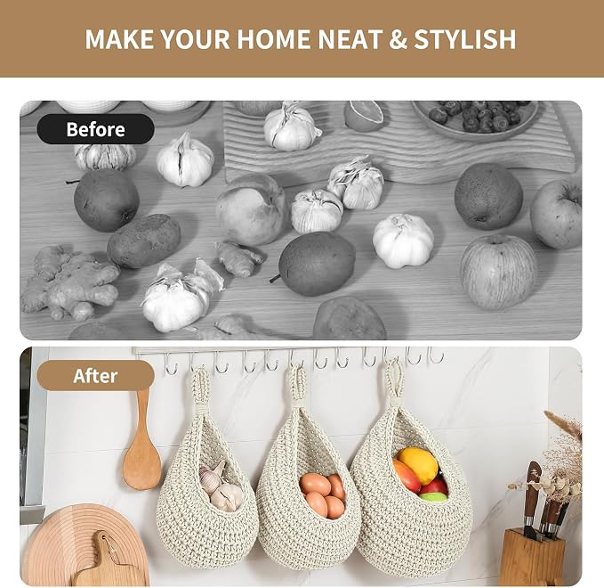 Boho Wall Hanging Fruit Baskets for Kitchen 3 Pack Woven Produce Holder with 6 Pcs Strong Hooks Vegetable Hanging Basket for Organizing Teardrop Home Wall Potato Onion Storage, White