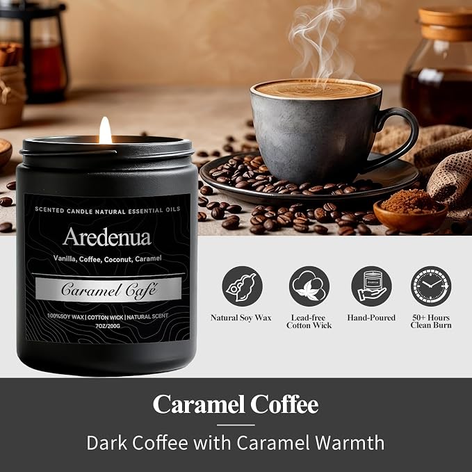 Caramel Coffee Candle | Men Scented Candles for Home, Cafe Candles Gifts for Women Men - 7oz Soy Candle for Home Scented - Aromatherapy Gifts for Men - 50 Hours Long Burning