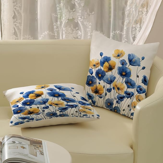 Spring Floral Pillow Covers 18x18 Set of 2 Blue Yellow Flower Decorative Throw Pillow Covers Decoration Summer Seasonal Pillowcase Farmhouse Decorative Cushion Cover For Home Sofa Outdoor Decor