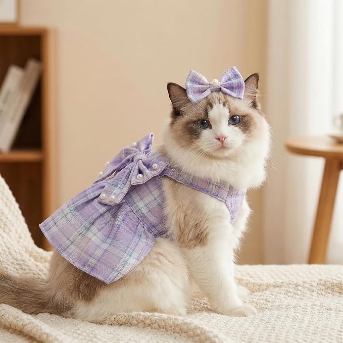 Cute Plaid Dog Dress Clothes for Small Dogs Cats Girl Purple Plaid Dog Dress with Pearls Bow Tie Harness Leash for Spring Summer Birthday Puppy Bunny Rabbit Yorkies Chihuahua Outfits