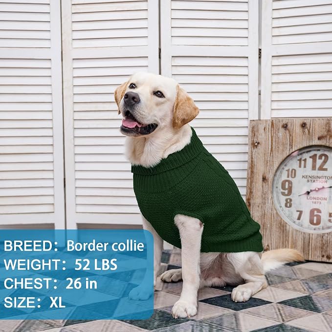 Mihachi Turtleneck Dog Sweater - Winter Coat Apparel Classic Cable Knit Clothes with Leash Hole for Cold Weather, Ideal Gift for Pet in New Year Army Green Medium/Large