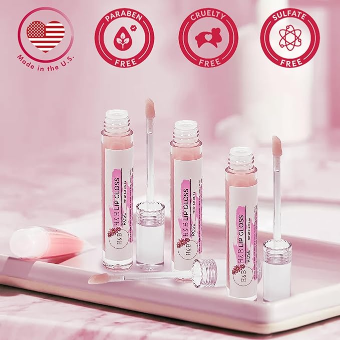 Nicole + Brizee H&B Hydrating Lip Gloss - Moisturizing, Long-Lasting Shimmer & Shine for Soft & Smooth Lips – Compact, Travel-Size, Lightweight Lip Gloss for Women - Rose (3 Pack, 4g)