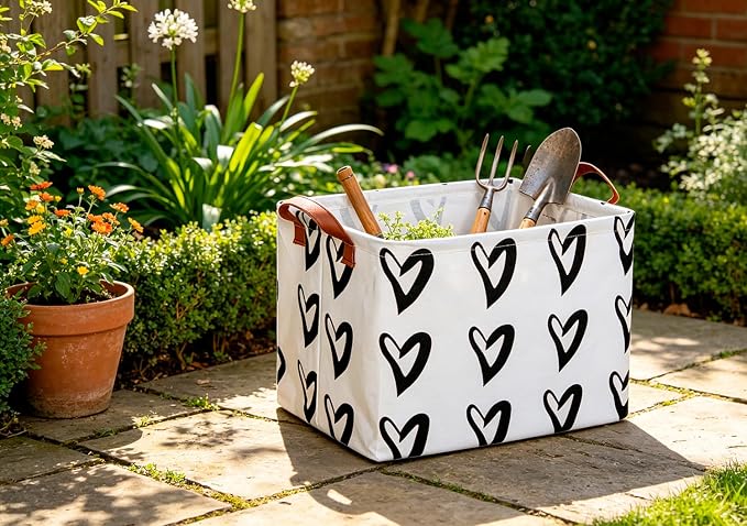 CLOCOR Heart Rectangular Storage Bin, Collapsible Waterproof Books Box with Handles, Gift Baskets (Black Hearts)