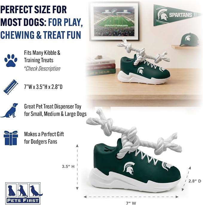 NCAA Michigan State Spartans Cleat Sneaker Spike Dog Toy, Treat Dispenser Chew Toy for Dogs, Interactive Rope Tug, Slow Feeder Natural Rubber Dog Toy with Official Team Logo for Puppies & Adult Dogs