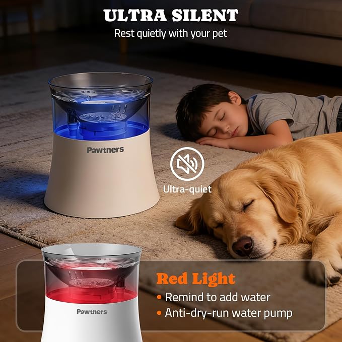 Pawtners 1 Gal/3.5L Dog Water Fountain,Elevated Dog Water Bowl Dispenser | Vortex Flow filter,Automatic Pet Water Fountain for Large Dogs Inside, Deep Drinking Area and Quiet Pump, 10" H