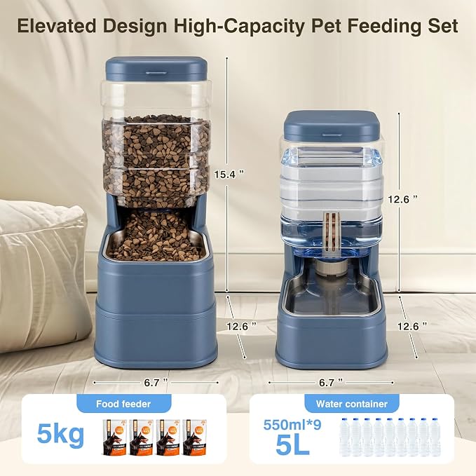 2 Pack Automatic Cat Feeder and Water Dispenser 1.3Gallon Dog Gravity Food Feeder and Water with Ice Pack Stainless Steel Dry Food and Waterer Bowl for Small Medium Large Pets (Blue)