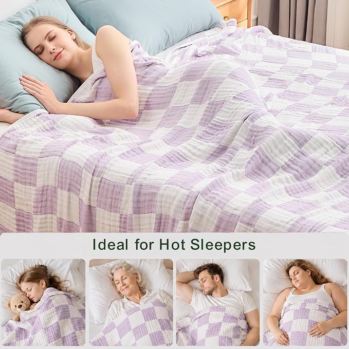 EMME Cooling Muslin Blanket for Adults - Checkered Lightweight Summer Cotton Throw Blankets of Rayon Derived from Bamboo for Hot Sleepers, Ultra Soft Breathable Gauze