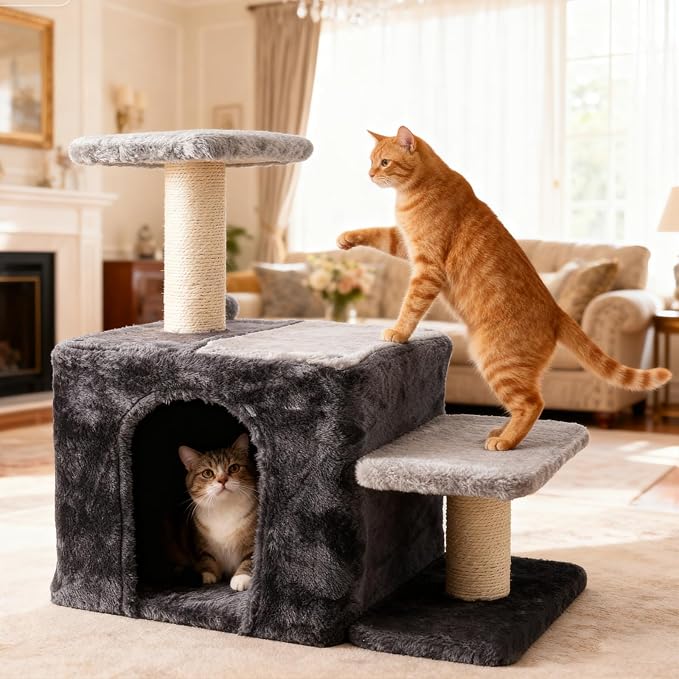 3-in-1 Pet Stairs for Cats, Indoor Steps for Old Cat,Ladders for High Bed Pet's Joints, Sisal Scratching Posts, Kitten Cave Nest Bed