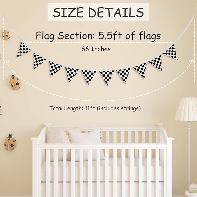 Boys Room Wall Art Decor,Cars Room Decor for Toddler Nursery Playroom, Black and White Checkered Classroom Garland Banners,Racing 11Ft Bunting Flags Fabric for Baby Shower Birthday Party