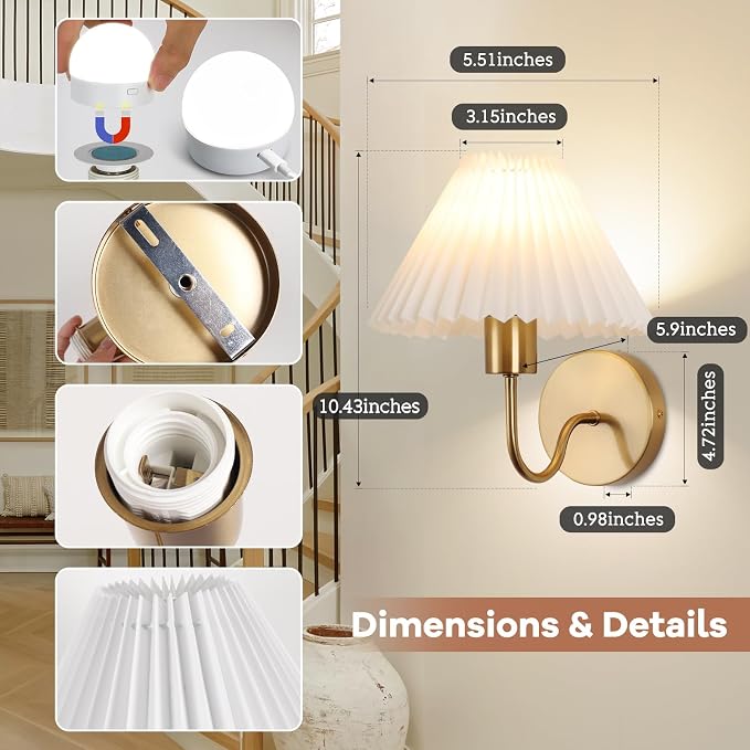 Wireless Wall Sconce Sets of 2, Pleated Shades Rechargeable Battery Operated Wall Sconce, Retro gooseneck Gold Wall Lights Bathroom Vanity Sconces, Wall Mounted Lamps for Bedroom Living Room Kitchen