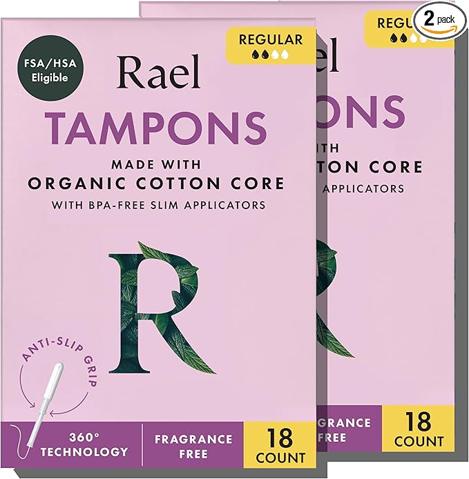 Rael Tampons, Slim Applicator with Organic Cotton Core, Regular Absorbency, BPA-Free, Leak Locker Technology, Unscented, Chlorine-Free (36 Count, Regular)