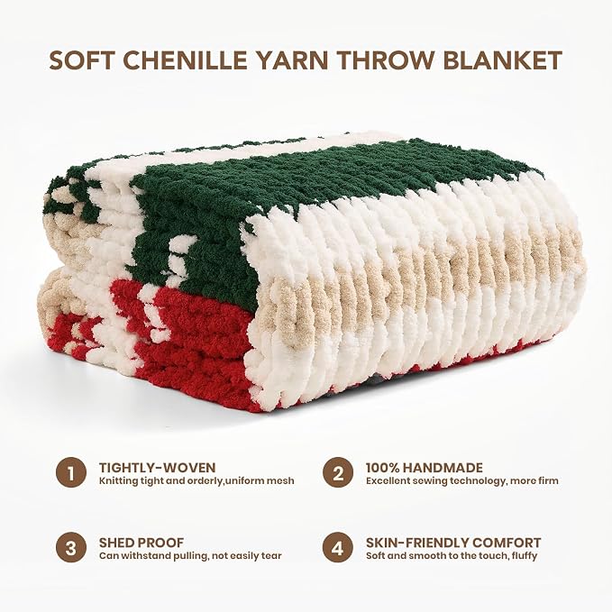 L'AGRATY Chunky Knit Throw Blanket for Couch, 60 x 80 Inches, Red Green | Handmade Chenille Crochet Blanket for Sofa Bed, Thick Cable Knitted Blankets for Room Home Decor, Birthday Gift for Women Mom