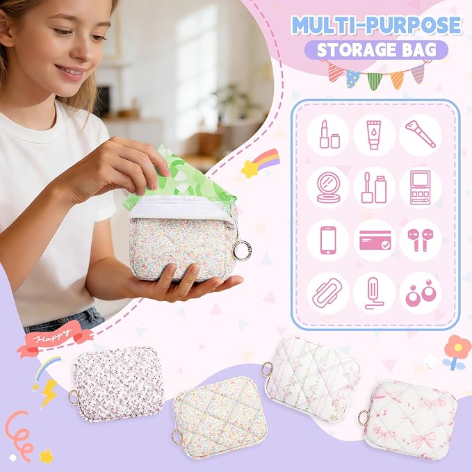 Period Bag for Teen Girls, Quilted Sanitary Napkin Storage Bag, Cute Menstrual Pad Pouch Tampon Holder (Pink Bow)