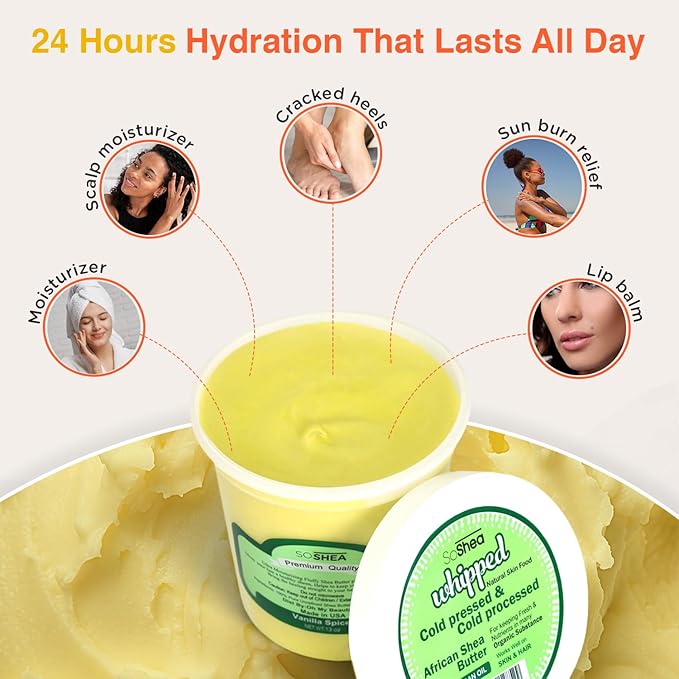 SoShea Whipped Shea Butter Vanilla Spice - Nourishes, Moisturizes & Renews | 100% African Pure Shea Butter | Cold-Pressed & Cold-Processed | No Dyes & Parabens | Vegan | 11.50oz / 326g