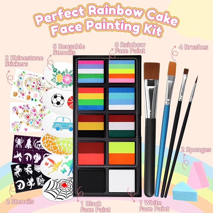 Janolia Rainbow Face Paint Kit - Water Activated, Split Cake Face Paint, Ideal for Kids Party, Halloween, Carnival, Easter