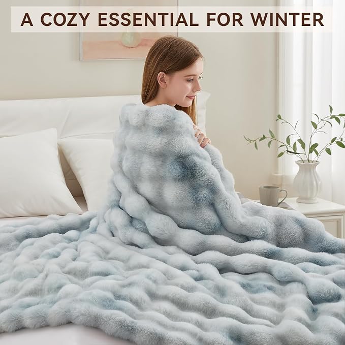 Anysay Faux Fur Throw Blanket, 1000GSM Fluffy Soft Bubble Blanket 50''*60'' | Cozy Plush Warm and Thick Blanket for Couch Bed, Fuzzy Rabbit Throw for Living Room Bedroom Tie-dye Blue