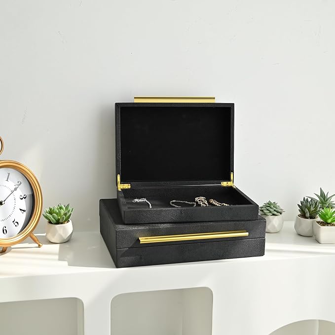 DECOR4SEASON Faux Shagreen Leather Jewelry Boxes Set of 2 with Gold Handles | Decorative Organizer Storage Box for Rings, Earrings, Watches, Dresser, Vanity, Stackable, Black