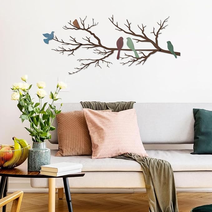 ESTART Metal Birds Wall Art, Metal Vivid Birds on Branch Silhouette Wall Decor Leaves with Bird Outdoor Hanging Wall Sculpture for Living room Bedroom Balcony Garden (Colorful, Large)