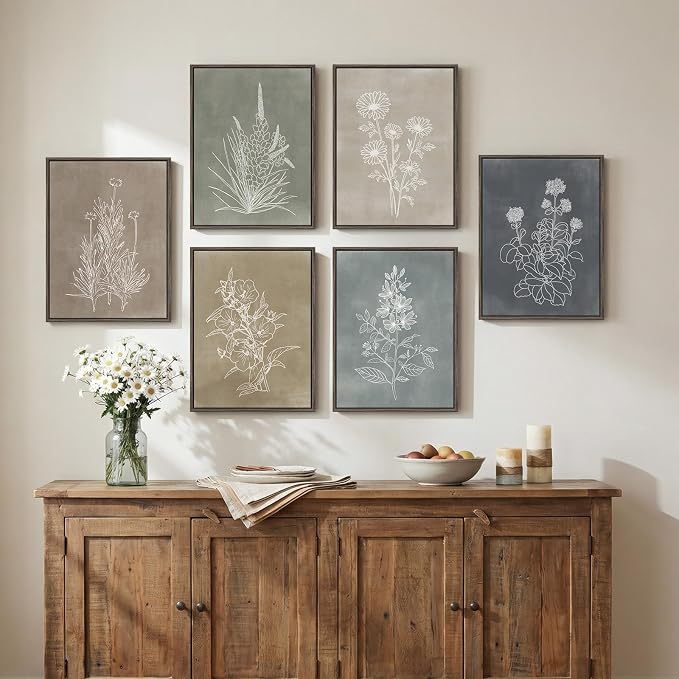 Framed Neutral Botanical Wall Art Set for Living Room, Vintage Minimalist Floral Canvas Painting Prints, Rustic Modern Farmhouse Boho Flower Line Pictures for Bedroom Dining Room Wall Decor, 12x16 In