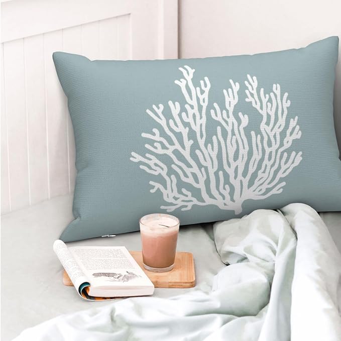 Coastal Pillow Covers 12x20 Set of 2 Blue Coral Starfish Throw Pillows Nautical Ocean Decorations Summer Linen Beach Pillowcase Outdoor Decor Farmhouse Lumbar Cushion Case for Home Living Room