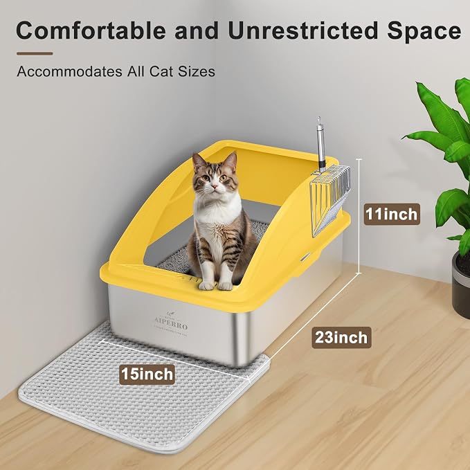 AIPERRO Stainless Steel Litter Box | XL Metal Cat Litter Boxes with Lid | Enclosed High Sided for Big Cats | Anti-Urine Leakage | Non-Stick & Easy to Clean with Litter Mat & Metal Scoop (Yellow)