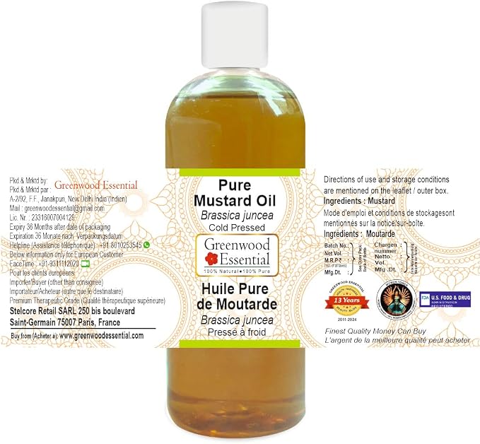Greenwood Essential Mustard Oil (Brassica juncea) | Cold Pressed | Natural | Undiluted | for Diluting Essential Oils | for Skin & Massage | Men & Women | 200ml (6.76 oz)