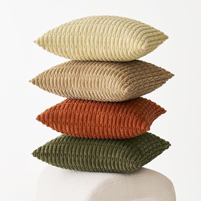 MIULEE Pack of 4 Corduroy Decorative Throw Pillow Covers 18x18 Brown Green | Boho Farmhouse Modern Retro Soft Striped Pillow Covers,Home Decor for Sofa Living Room,Couch,Bed