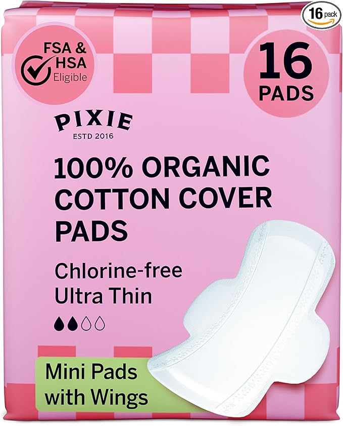 Pixie Organic Cotton Ultra Thin Mini Pads Teens - Liners with Wings - Light Absorbency Menstrual Pads - Hypoallergenic, Unscented & Biodegradable for Feminine Care - FSA Eligible - 16 Count