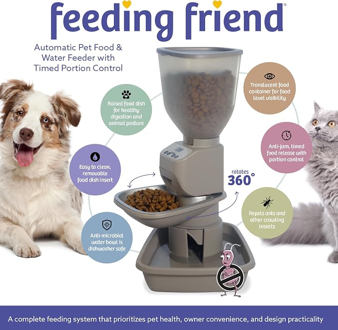 Feeding Friend® Automatic Dog & Cat Food Feeder with Water Dispenser, Smart Pet Feeder with Portion Control, OLED Display, Anti-Jam Design, Battery Operated, Medium Pets 15–30 lbs, Taupe