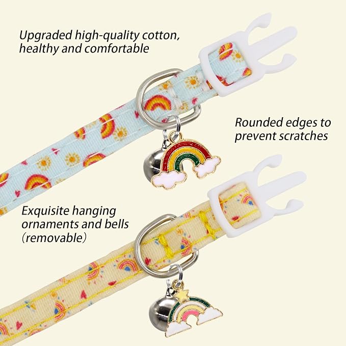 Cat Collars for Girl Cats & Boys, 2 Pack Soft Cotton Breakaway Collar with Removable Bell and Cute Charms, Adjustable Safety Pet Necklace, Rainbow