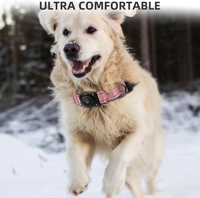 Upgrade Dog Collar with AirTag Holder, IP68 Waterproof, Pastel Pink, L | Built-in Water Resistant AirTag holder, 1000D Nylon, Reflective Stitching for Night Visibility, Soft padding for Comfort