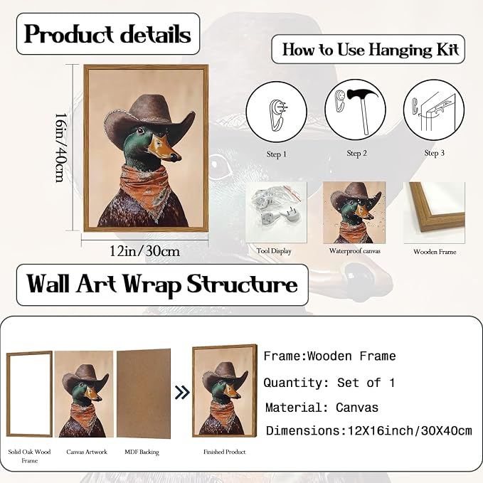 Framed Vintage Western Duck Wall Art, Cowboy Mallard Duck Pictures Wall Decor, Whimsical Farmhouse Animal Paintings Canvas Prints Rustic Home Decor for Living Room Bedroom Bathroom 12x16 inch