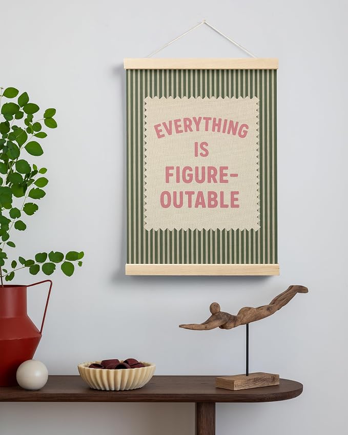 FGFK Everything Is Figureoutable Inspirational Wall Art Poster Hanger Frame, Retro Pink and Green Positive Affirmations Canvas Prints Framed Wall Decor for Home Classroom Office, 12x16 Inch