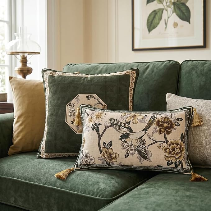 Vintage Linen Rectangle Throw Pillow Cover,Set of 2,20"x12"-Murad A | Designer French Decor Pillow Cover,Concealed Zipper Design,Floral and Bird Pattern,Sofa,Bedroom,Living Room,Lounge Chairs